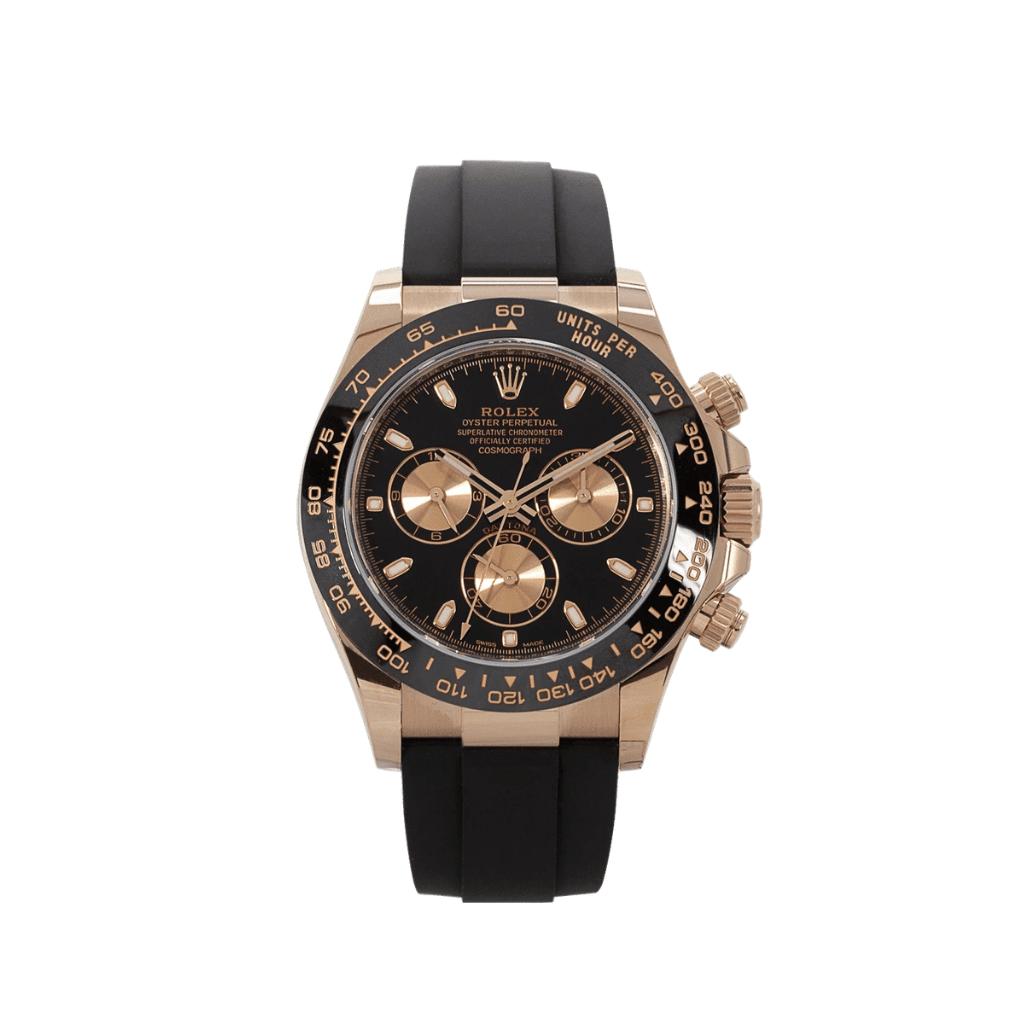 Rolex Cosmograph Daytona with a black dial and a matching black rubber strap 40mm